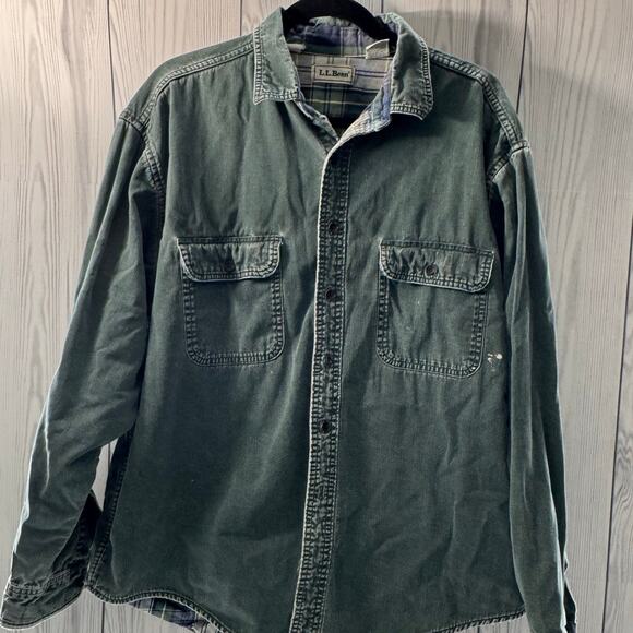 Vtg 90s  LL Bean Canada Mens Plaid Flannel Lined Denim Shirt Size XL Distressed - Picture 1 of 10